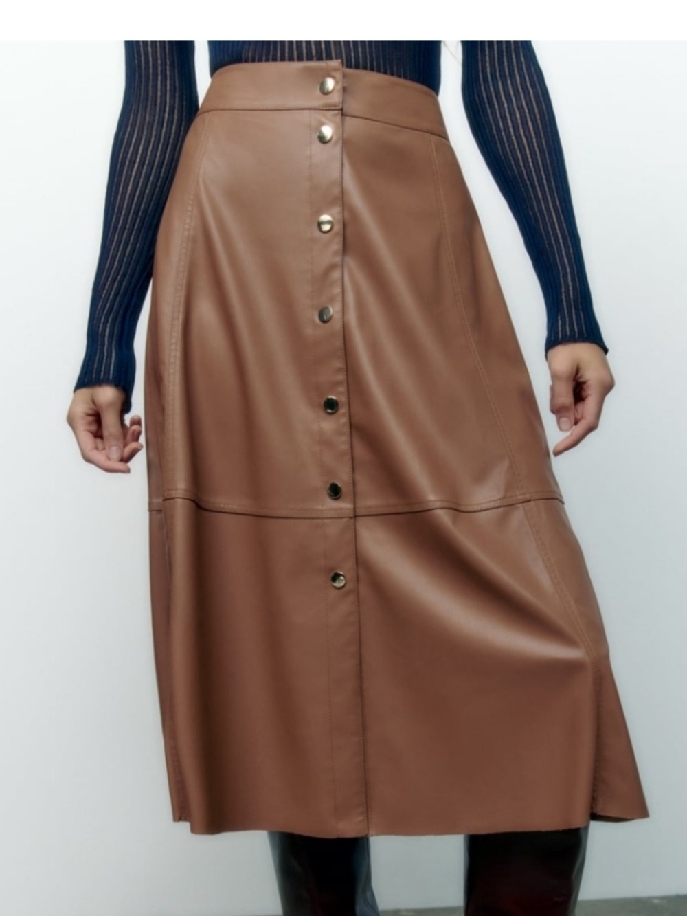 Zara Faux Leather Midi Skirt in Camel Brown